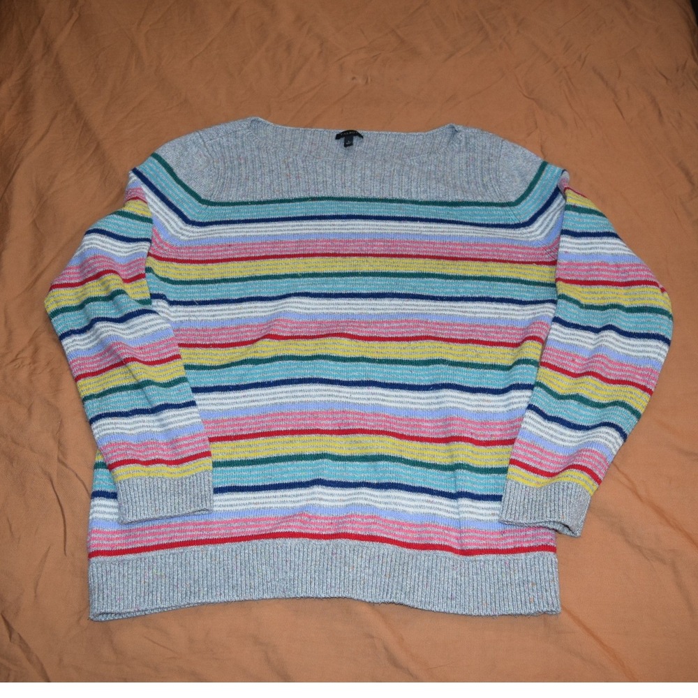 Talbots Rainbow Striped Boat Neck Sweater Grey Marl Multi Color Knit Large